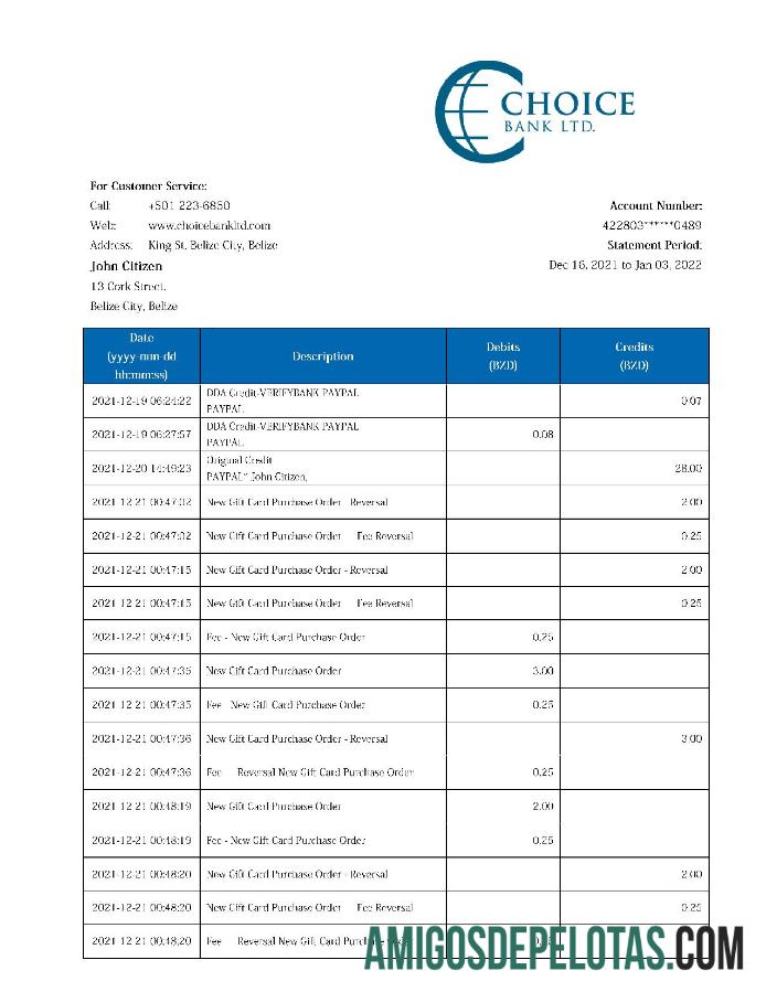 Belize Choice modelo de extrato bancário
